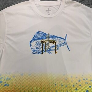 Guy Harvey Fishing Rash Guard Pullover‎ Shirt Men L White Tuna Graphic LS